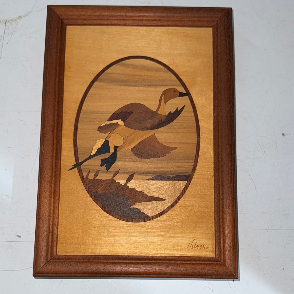 HUDSON RIVER WOOD INLAY PINTAIL DUCK BY NELSON Signed PICTURE 10”x7 FRAMED